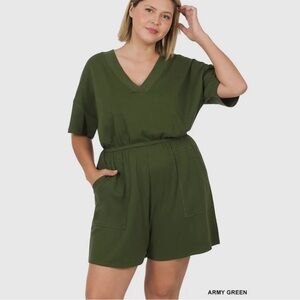 Army Green Plus Size Drop Shoulder V-Neck Romper with Pockets
